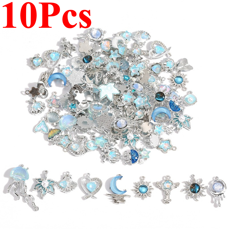 Moon Star Earrings - 10Pcs Silver-plated Alloy Crystal Star Moon