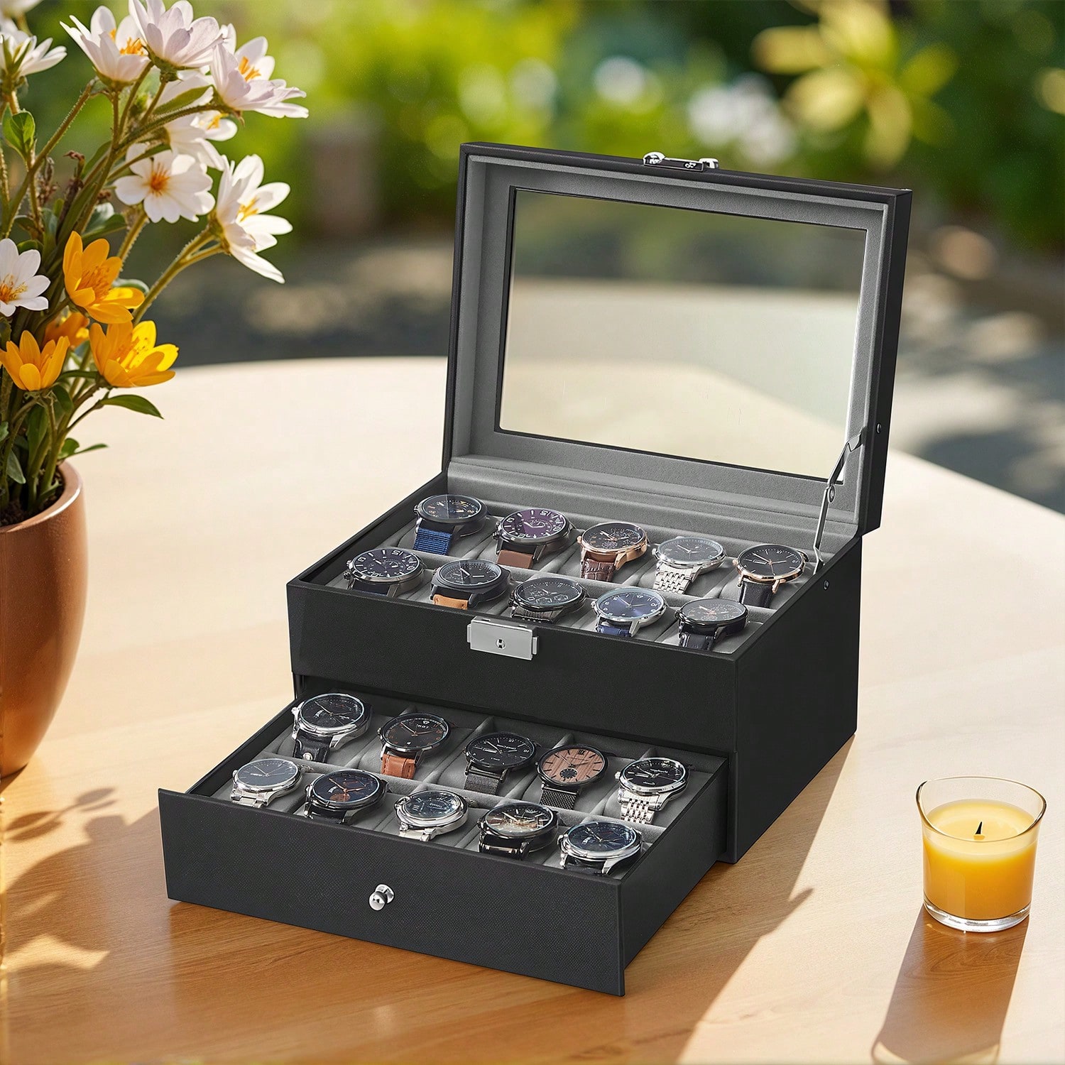 20-Slot Watch Box with Glass L - Jewelry Box With Watches ulasan dan harga