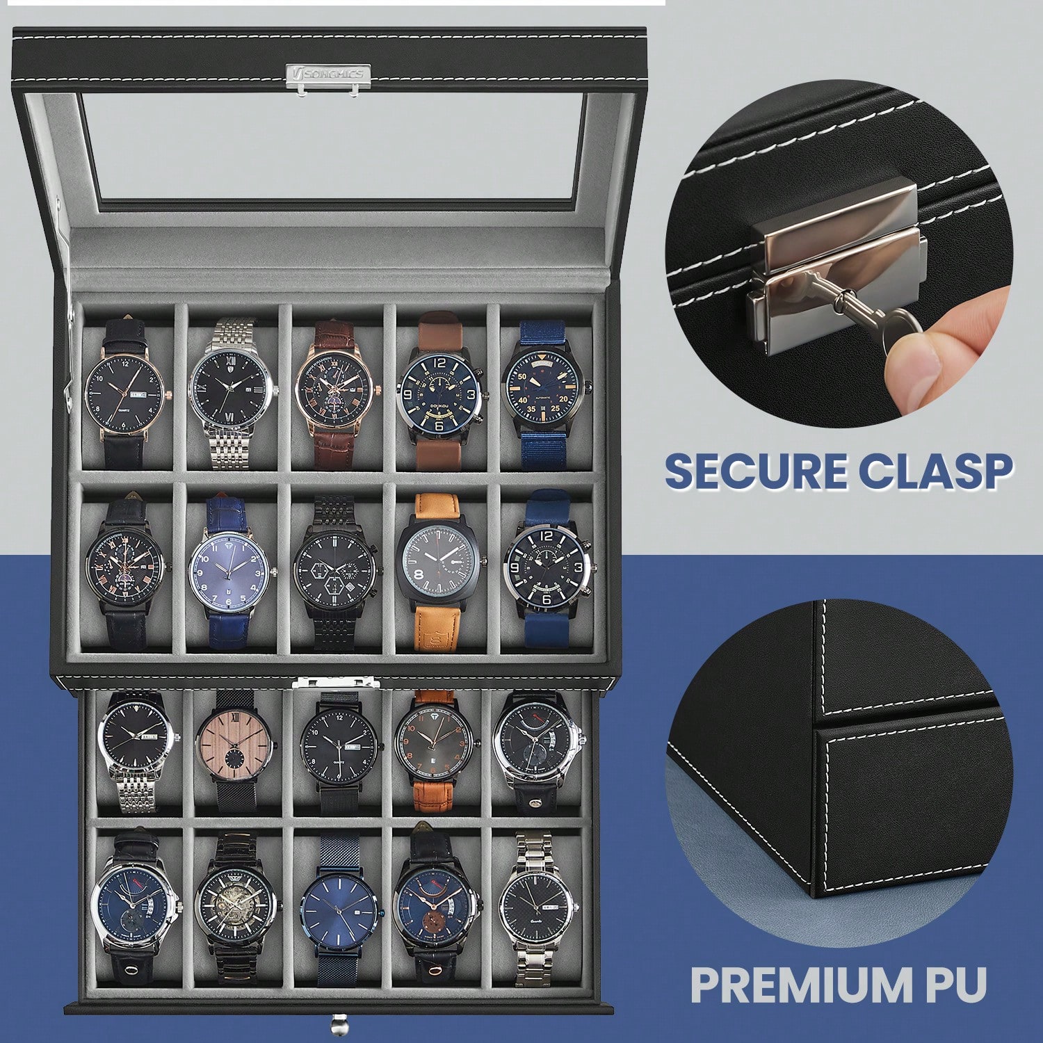 20-Slot Watch Box with Glass L - Jewelry Box With Watches ulasan dan harga